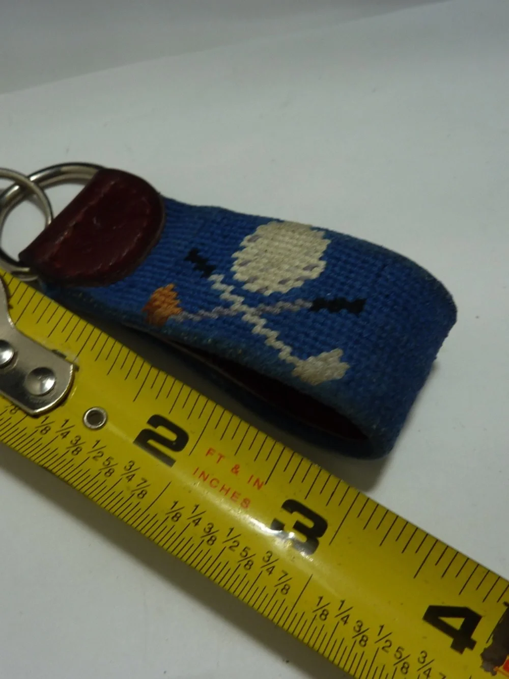 S&B VINTAGE Leather Keychain Strap with Woven GOLF Design- Blue and White 3''
